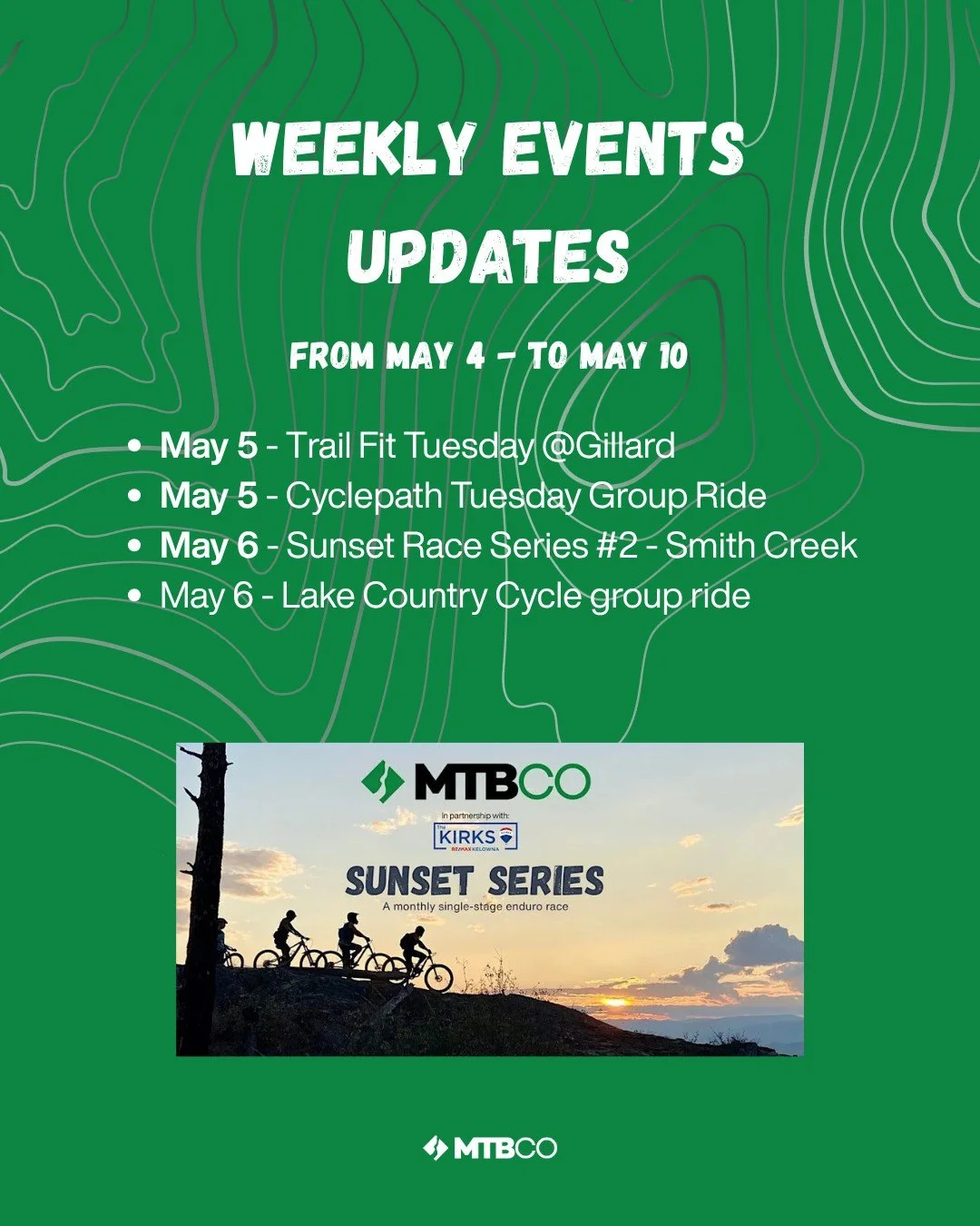 Here is your May 4 &ndash; May 10 hit list:

Tuesday, May 5 | The Double Header

Trail Fit Tuesday @ Gillard: The parking lot project is underway, but the trails still need love. Meet at Gillard to help with maintenance. Check the Heylo app to confir