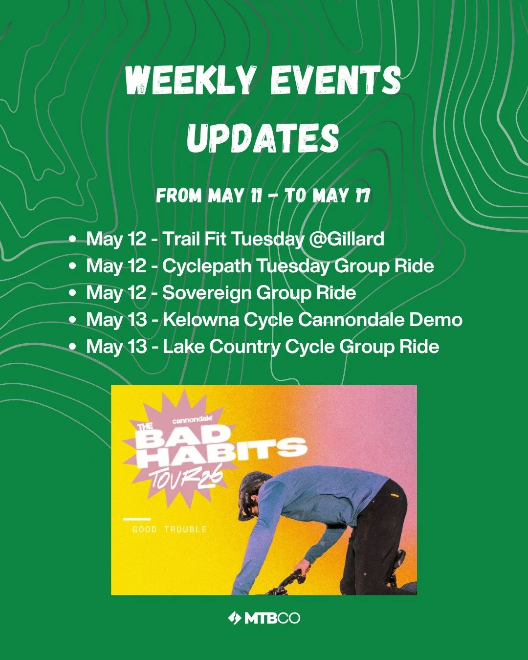 This Week&rsquo;s Hit List:

Tuesday, May 12 | The Triple Threat

Trail Fit Tuesday @ Gillard: Join the crew for some essential maintenance. (Don't forget: Main parking is closed, so please park at 5K!). ⚒️

Cyclepath Tuesday Group Ride: A classic so