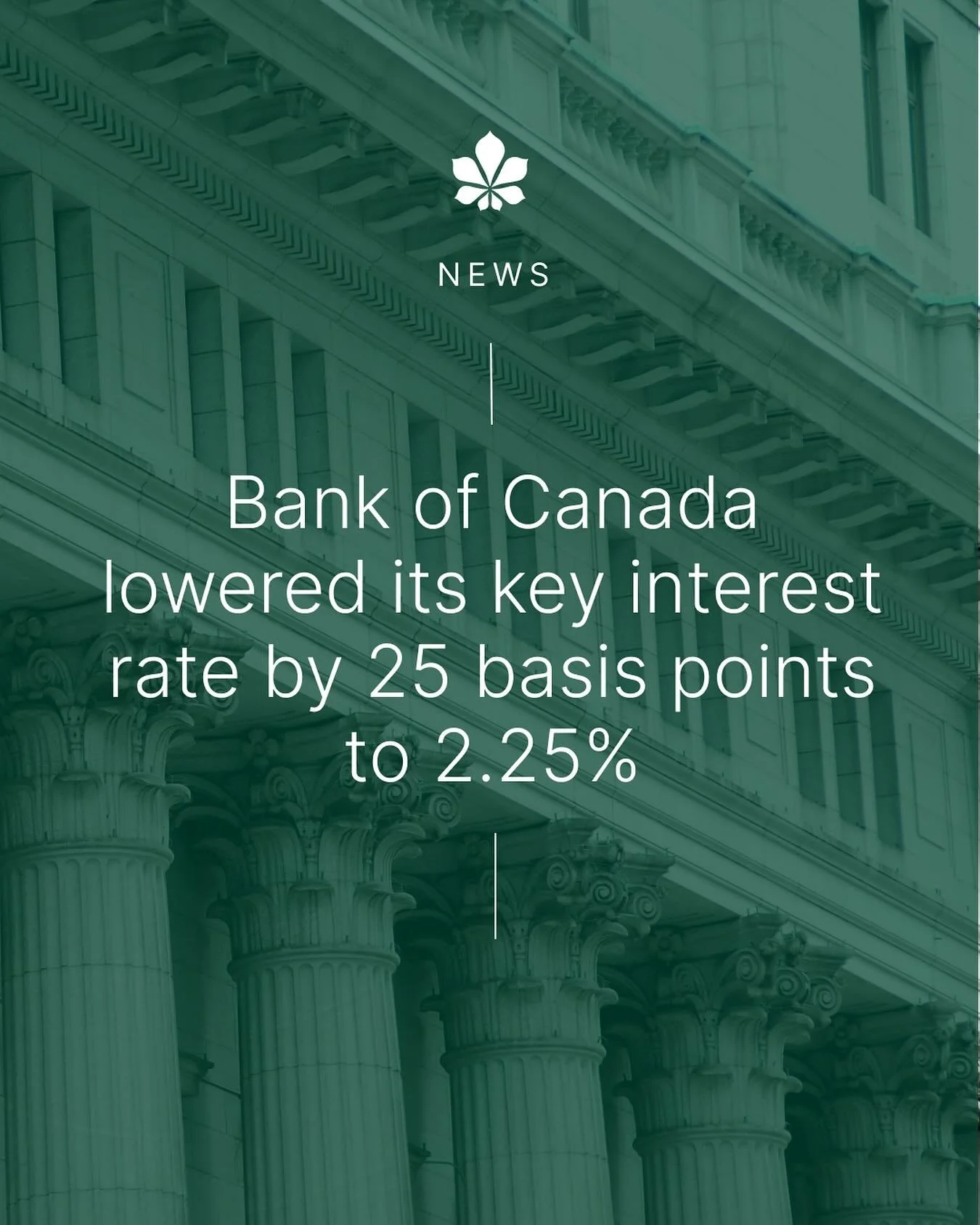 Today, the Bank of Canada cut its overnight rate by 0.25 % to 2.25 %, citing a softening economy and the ongoing impact of trade uncertainty. ￼

What this means:
&bull; Lower borrowing costs for anyone with variable-rate credit or lines of credit
&bu