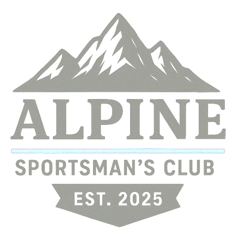 Gray logo of a mountain with snow caps, the words "Alpine Sportsman's Club" with "Alpine" in large letters, "Sportsman's Club" below, and "Est. 2025" on a banner at the bottom.