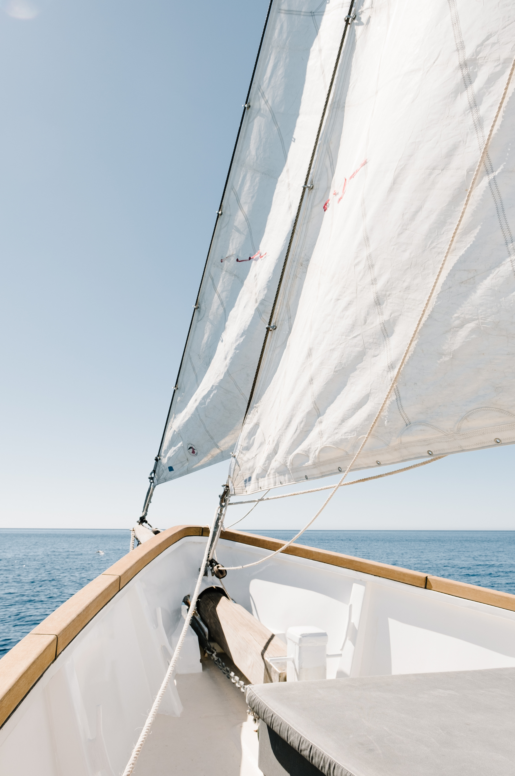 View from a sailboat's deck looking toward the sails and the open ocean under clear blue skies.