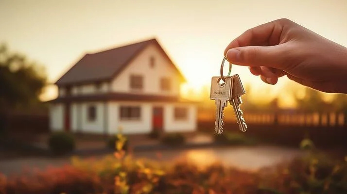 Hand holding a keychain with two house keys in front of a house at sunset.