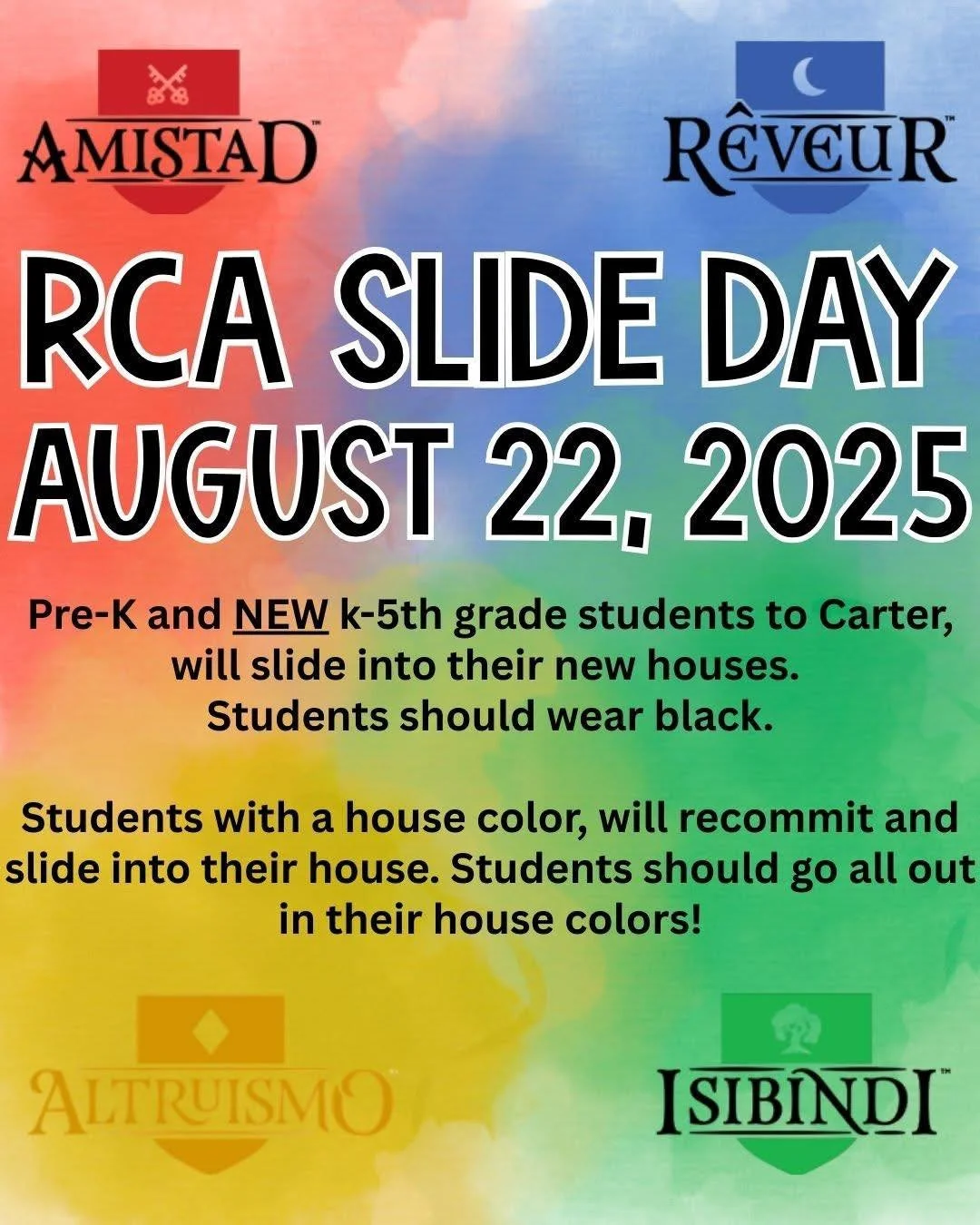 House day is this Friday! ❤️💙💛💚

House Day is where new students &ldquo;slide&rdquo; into their new house and returning students recommit to their houses!

Carter utilizes the Ron Clark Academy (RCA) House System, where all students and staff are 