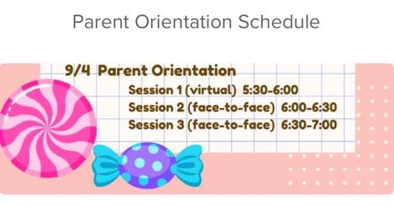 Parent Orientation is coming up on September 4th. There are three different sessions, with one being a virtual one! 

This is where the school, grade level, and classroom expectations are reviewed with your child&rsquo;s teacher, so please plan to at