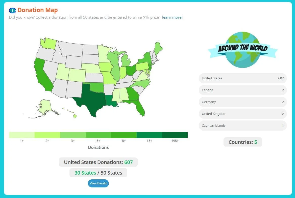 Did you know we have donations from 30 states and 5 different countries so far?!! Check out our Donation Map! 😃💚💙

Carter can win an extra $1,000 if we get a donation from all 50 states so let's see if we can get the missing 20 states! It's determ