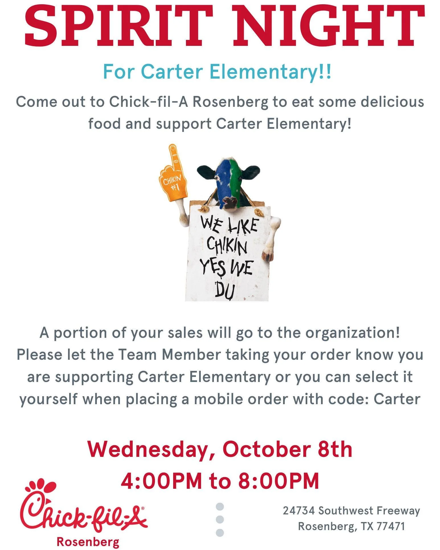 Save the Date for our next Spirit Night at Chick-Fil-A! 🐮❤🤍

Come out to the Rosenberg Chick-Fil-A located at 24734 between 4:00pm-8:00pm to get some delicious food and support Carter! When ordering, mention you would like to support Carter Element