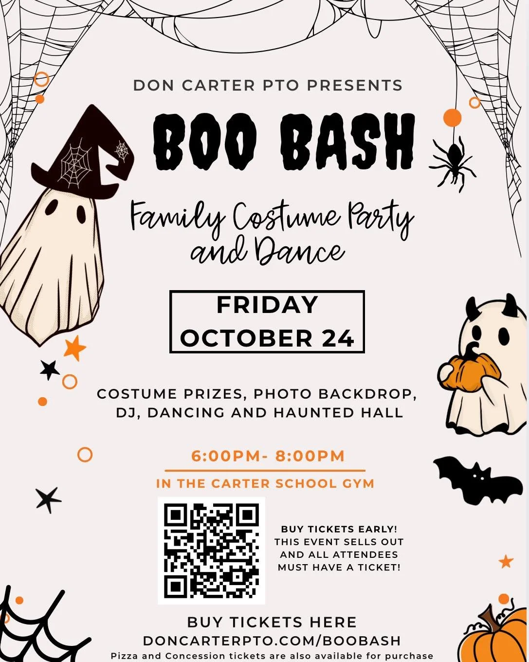 Join us on Friday, October 24th from 6:00-8:00pm for Boo Bash! Come dressed in your best costume for a spooktacular evening! There will be pizza and concessions, Jeremiah's Ice,  dancing, a haunted hall, prizes, and a photobooth! 🎃👻🕸🕷🦇

Be sure 