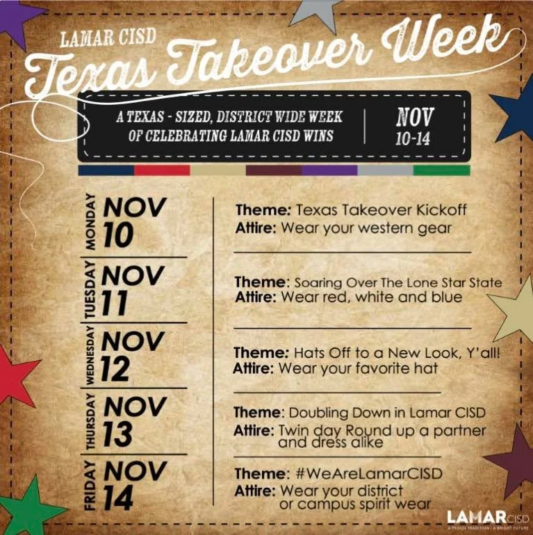🚨Attention y&rsquo;all! 🚨

Next week is another dress up week for Texas Takeover Week and it was just confirmed that Carter will be participating! Be sure to check out the graphic for each day&rsquo;s theme! We can&rsquo;t wait to see all the fun a