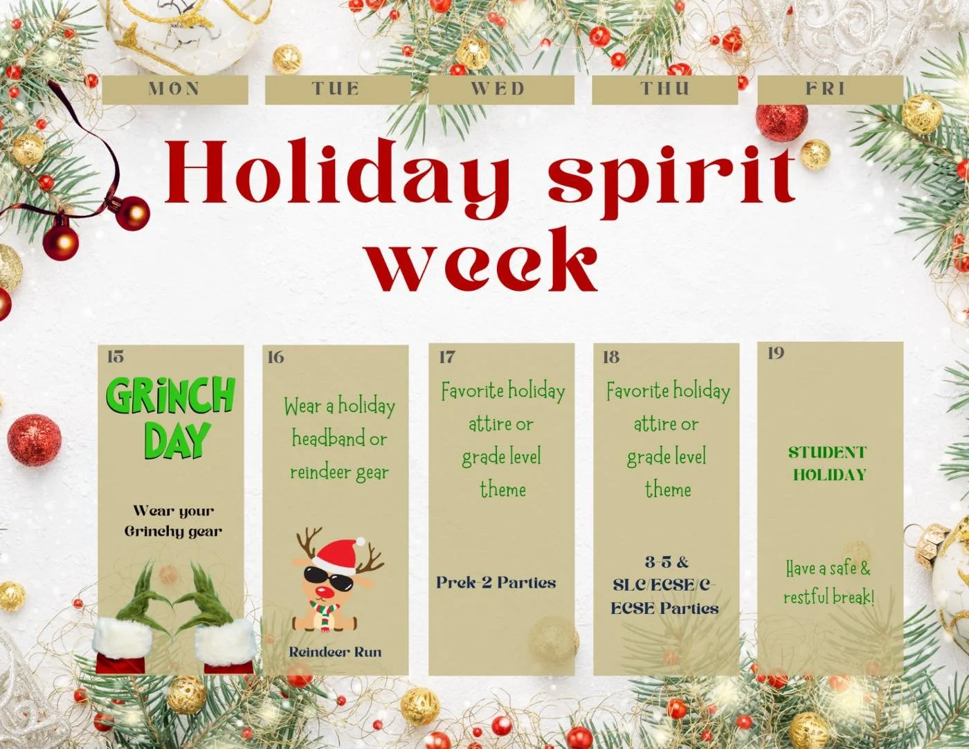 We have dress up days next week in preparation for the winter break! 

We can&rsquo;t wait to see the kiddos dressed in their holiday best! 💚🎄🦌❄️☃️❤️