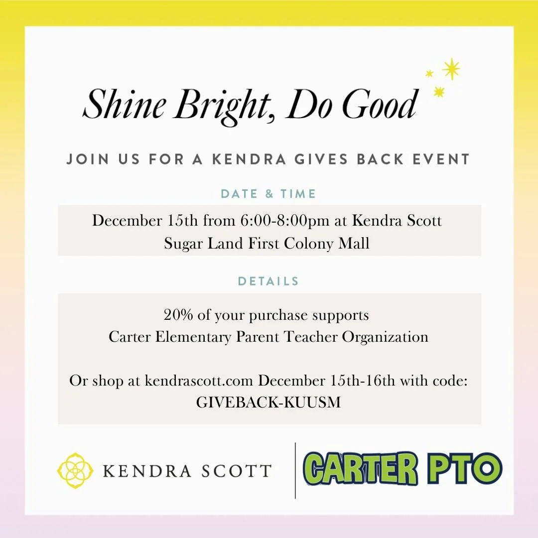 Join us tonight from 6-8pm at Kendra Scott in the First Colony Mall to support Carter! 20% of all fundraiser sales go back to Carter so come on out to see us and support a good cause! ✨💎💛

You can also shop online all day on December 15th and Decem