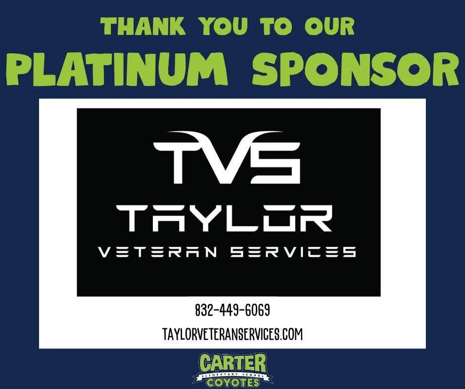 Today we are shouting out our Platinum Corporate Sponsor, Taylor Veteran Services and giving them a massive THANK YOU for all they do to support the kids at Carter and the PTO! 💙🐾💚

This Carter Elementary family-owned business provides support ser