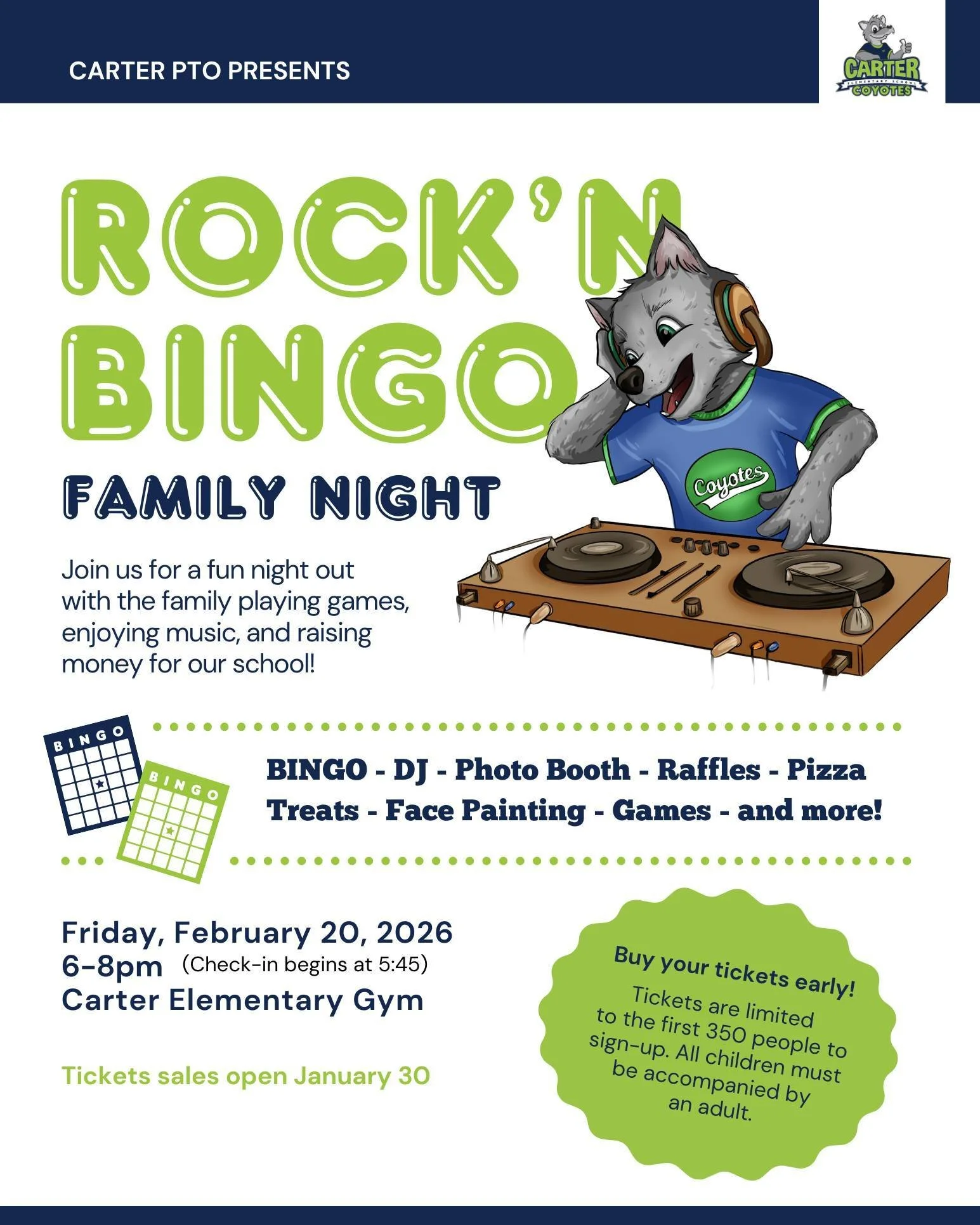 Our Rock'n Family Bingo Night is on February 20th from 6-8pm in Carter's Gym! Join us for a night of games, face painting, music, food and more! 

This event has sold out the last few years, so be sure to get your tickets early so you don't miss out.