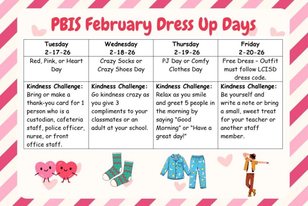 We have some dress up days coming up next week for PBIS! Also remember, no school on Monday.❤️🧦🩷👚🩳💕👖

Let&rsquo;s see those cute &lsquo;fits next week and enjoy the daily kindness challenges 💚🫶💙