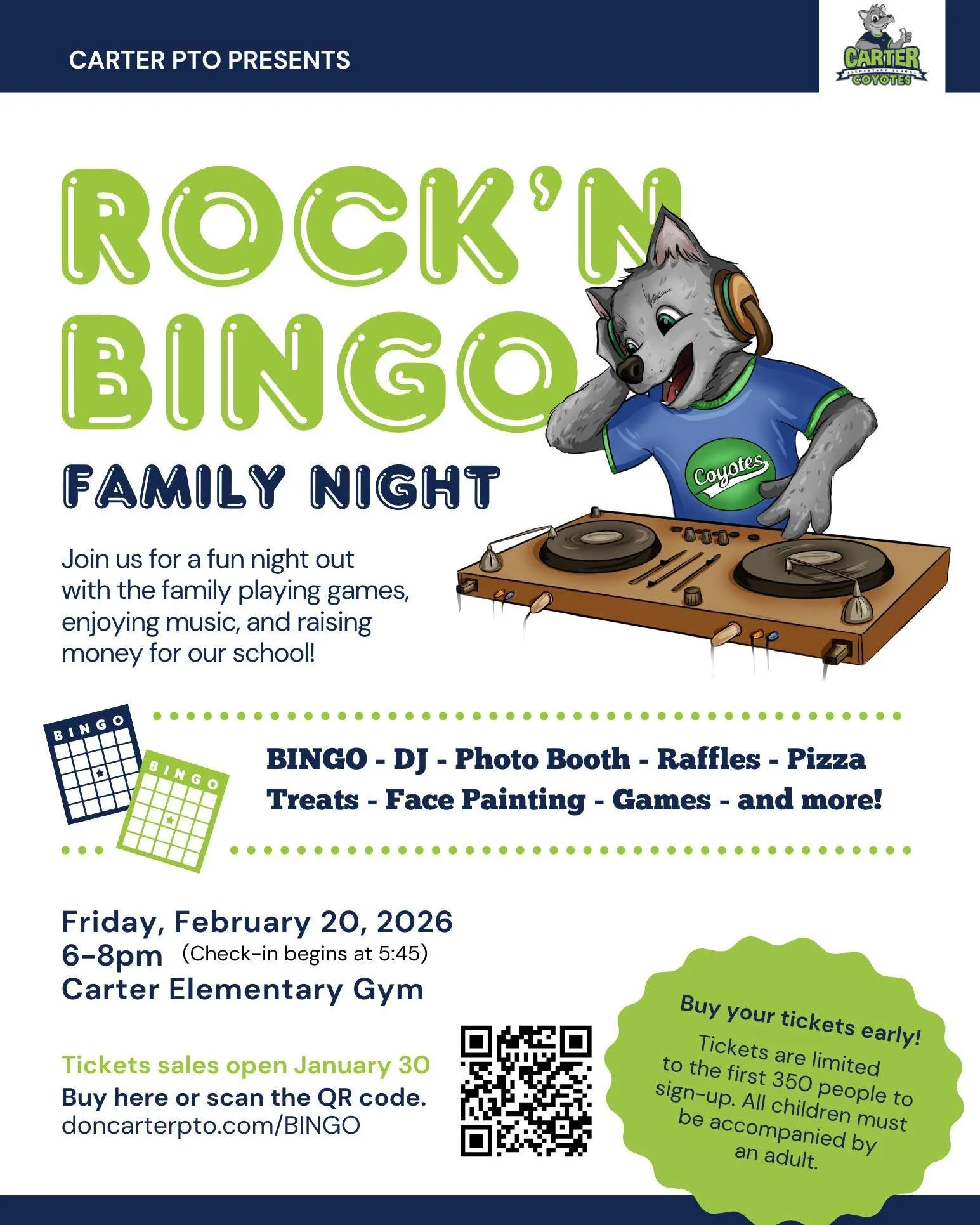 Our ROCK&rsquo;N BINGO Family Night is TONIGHT from 6:00pm-8:00pm!! 🤩 We have a few reminders to allow this event to run smoothly: 

💫Please arrive at the back of the school to arrive through the Carter gymnasium doors. The front of the school will