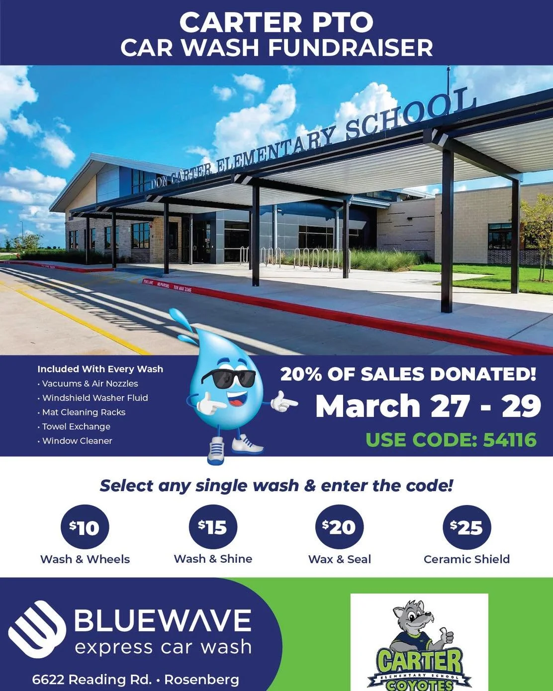 Save the Date for our next Spirit Days! This year, we are doing a car wash fundraiser with BlueWave Express Car Wash from March 27-29! 🚙🧼🫧

All you have to do is go to BlueWave, located at 6622 Reading Rd, purchase your car wash and enter code 541