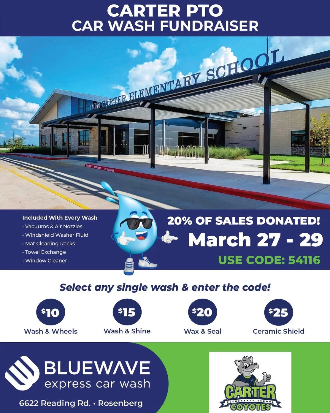 Don&rsquo;t forget our Spirit Days are here! 🚙🫧💦

Starting today through Sunday, March 29 come out to BlueWave Express car wash any time between 7am-8pm to get your car cleaned for a good cause! Simply enter code: 54116 on the checkout screen and 