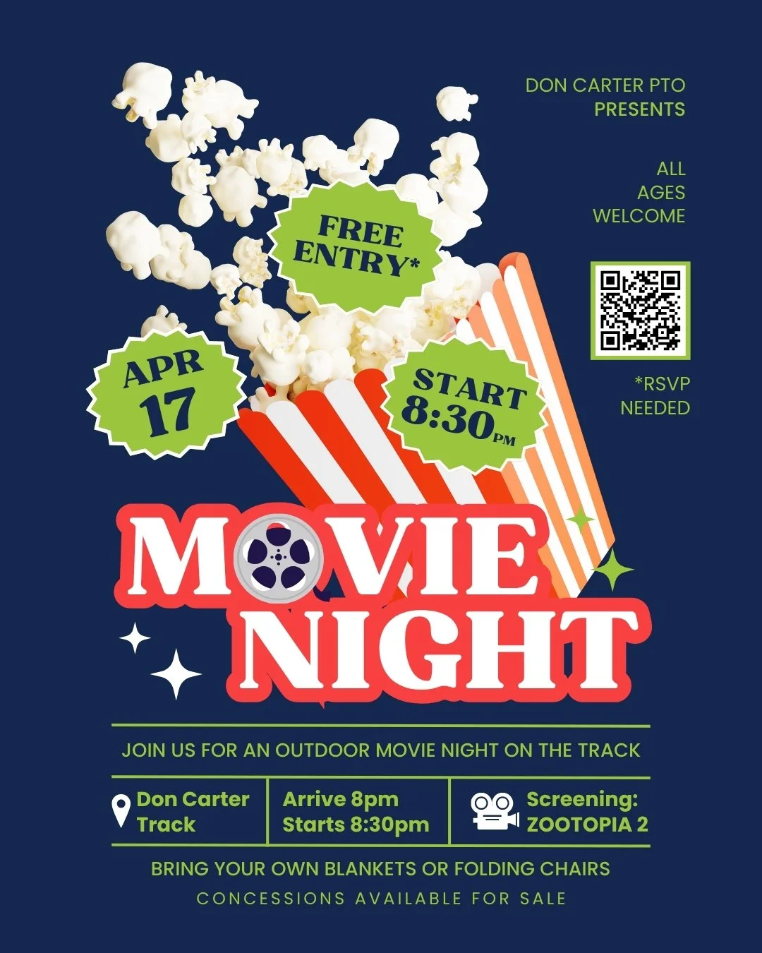 Join us for our first FREE outdoor movie night on April 17th! We will be watching Zootopia 2 behind Carter on the track and grassy area! 🎥🍿🐰🦊

For the best viewing experience with the sunset, please arrive at 8pm for a prompt 8:30pm start time! R