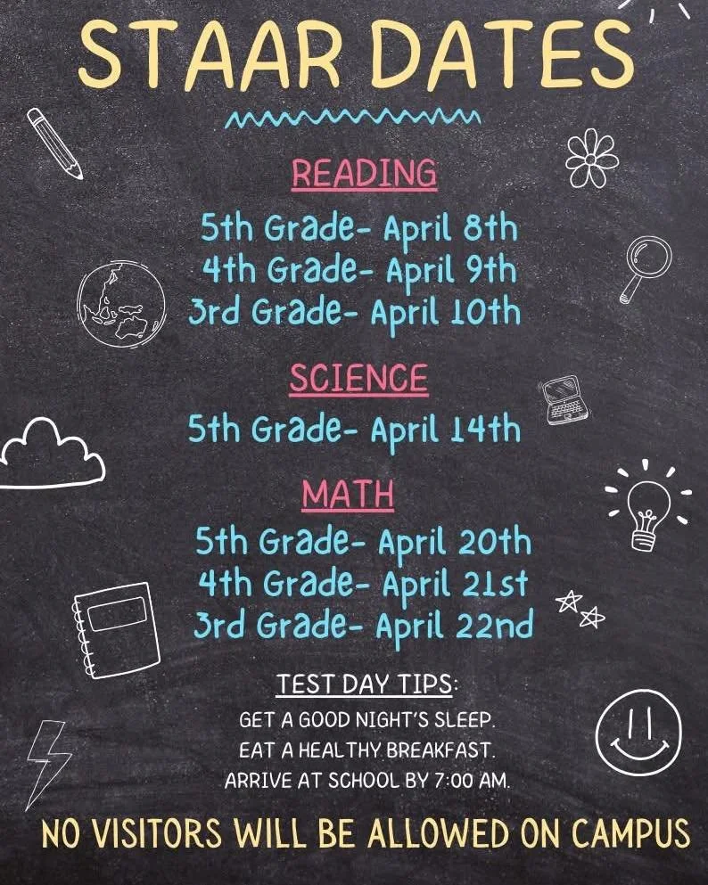 Just a friendly reminder that STAAR testing is happening today through Friday. No visitors will be allowed on campus during testing days. 

We know our kiddos are well prepared and we are proud of all their hard work. Shine bright, coyotes! You got t