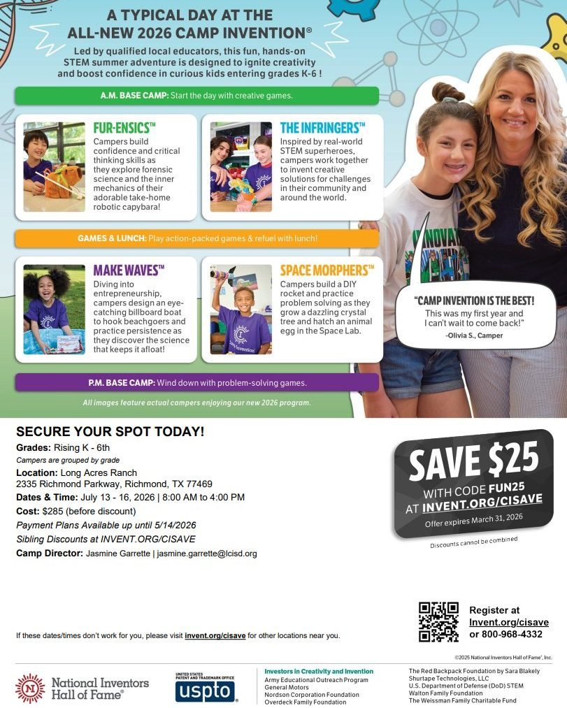 Grades Rising K-6th Grade are invited to sign up for the all-new 2026 Camp Invention! Exciting hands-on challenges will spark curiosity and build confidence as they dive into limitless STEM fun full of opportunities to imagine, experiment and create.