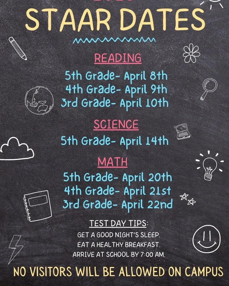 This is a friendly reminder that STAAR testing is happening this week! No visitors will be allowed on campus during testing days. 

To our coyotes taking these exams: we know you have put in the time and effort and are prepared for this. Remember to 