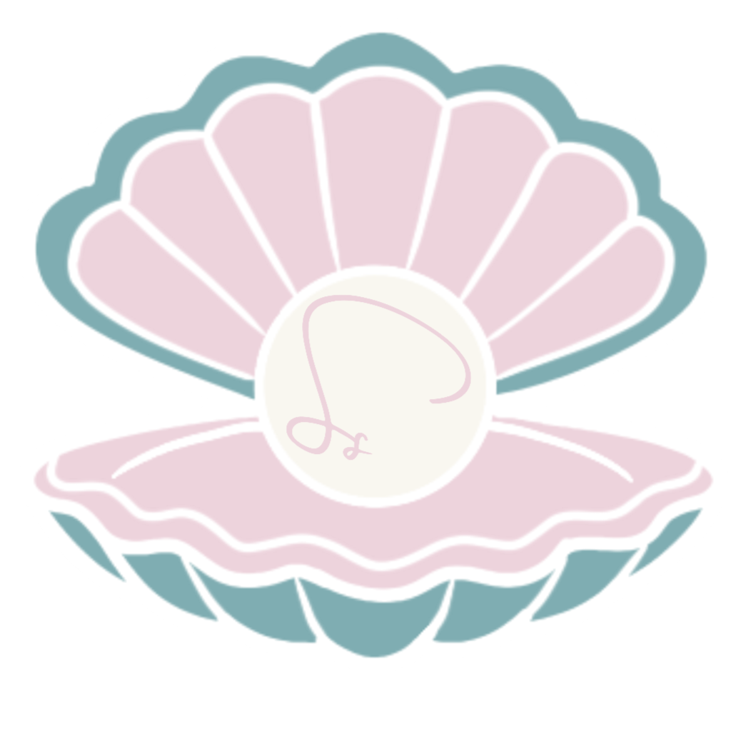 Illustration of a seashell with pastel pink and blue colors, containing a single pearl with a small signature or design on the pearl surface.