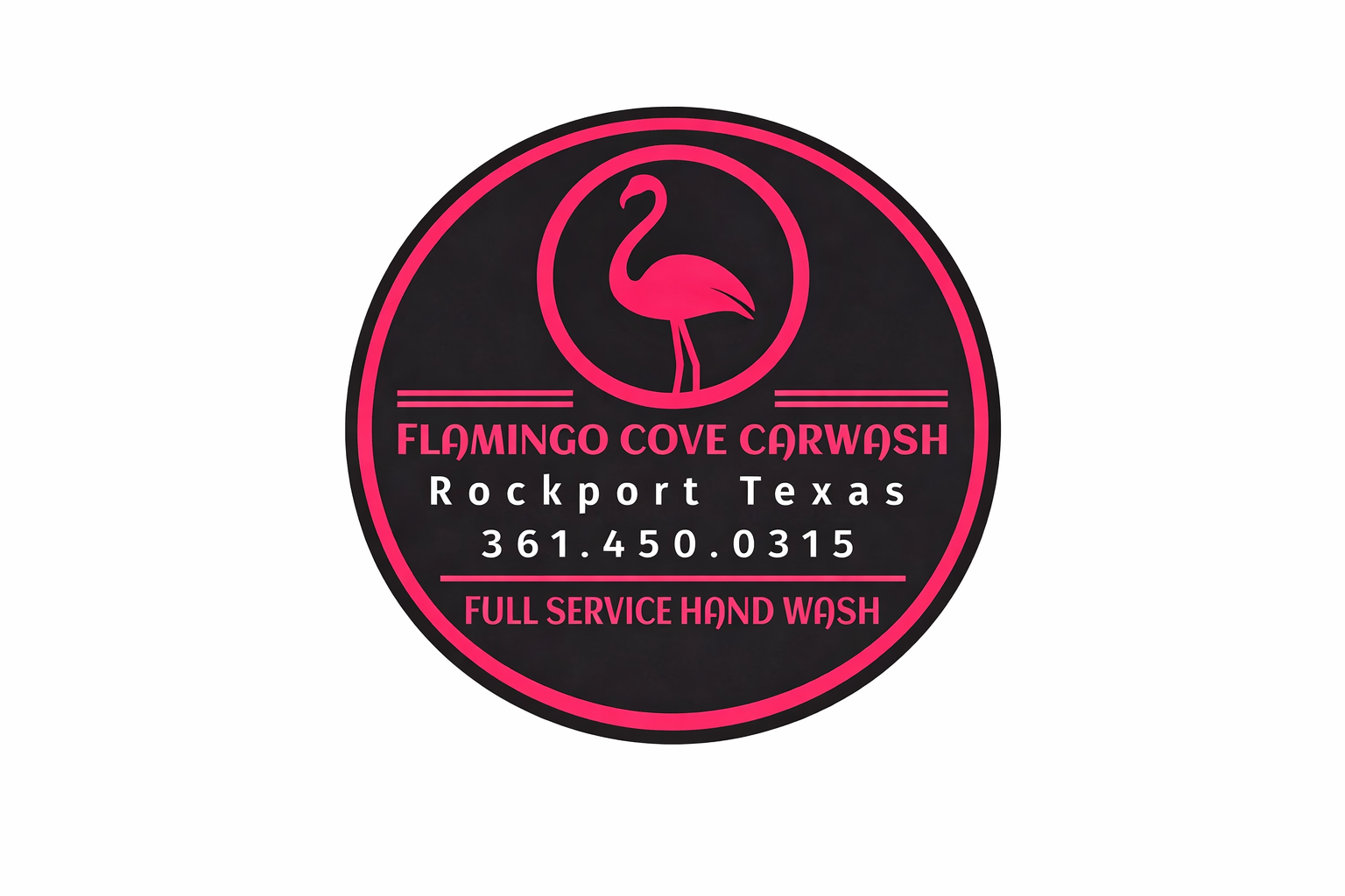 Business logo for Flamingo Cove Carwash featuring a pink flamingo silhouette inside a circle, with pink and white text on a black background that states the business name, location in Rockport, Texas, phone number, and that they offer full-service ha