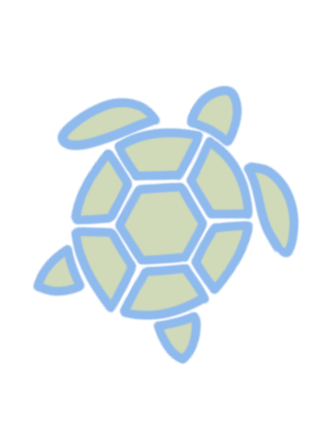 Illustration of a sea turtle with a blue outline and pale green shell and flippers.