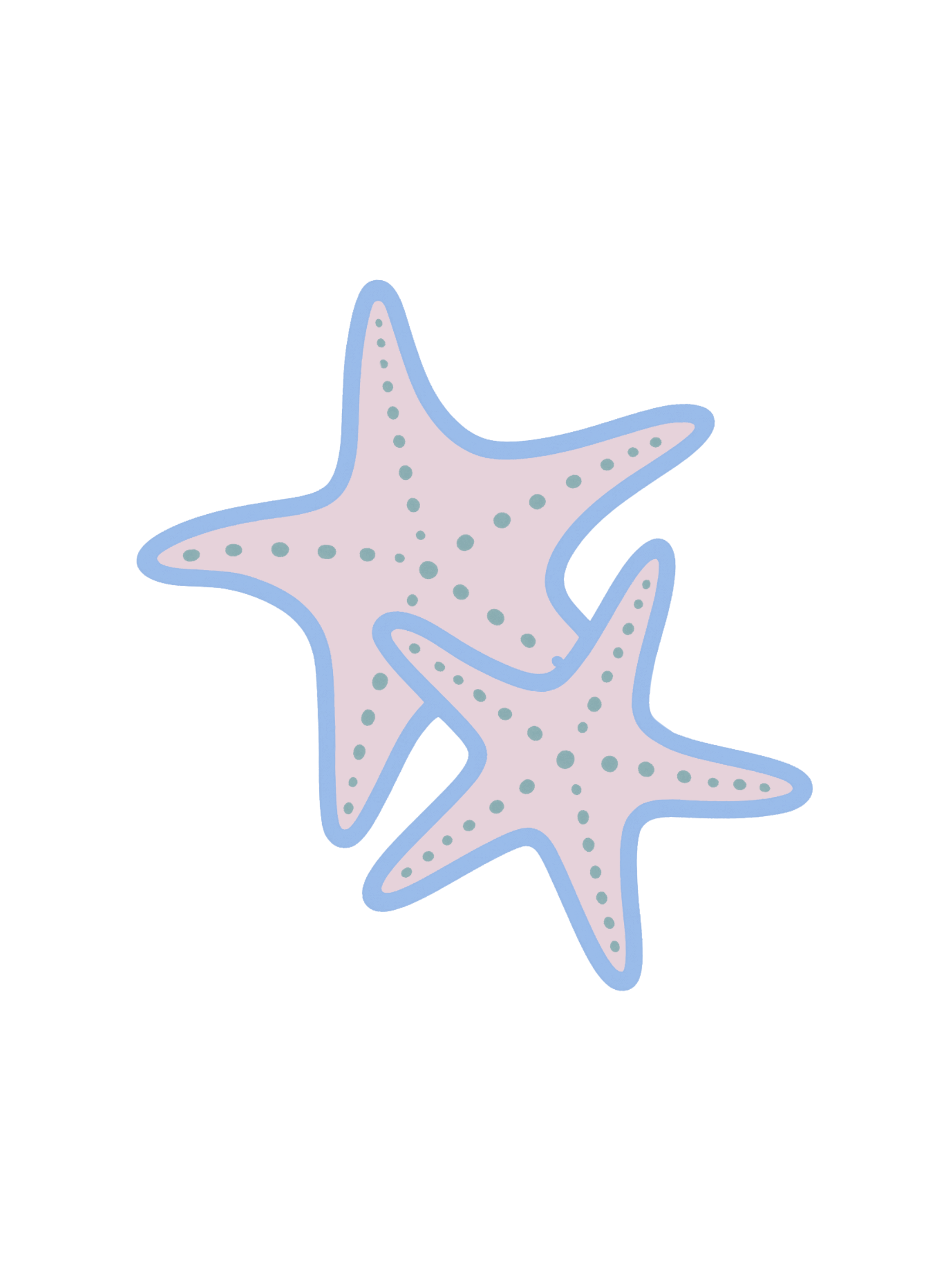 Two illustrated pink starfish with bluish outlines and dotted patterns on their surfaces.