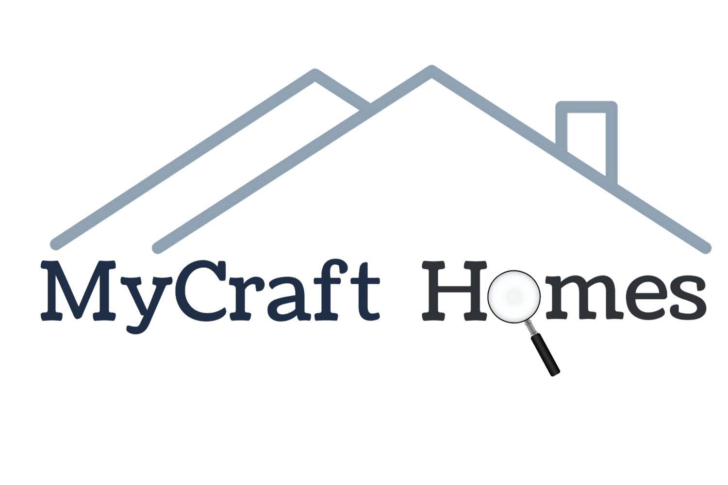Logo for MyCraft Homes featuring a stylized house roof outline and the company name with a magnifying glass highlighting the letter 'O' in 'Homes'.