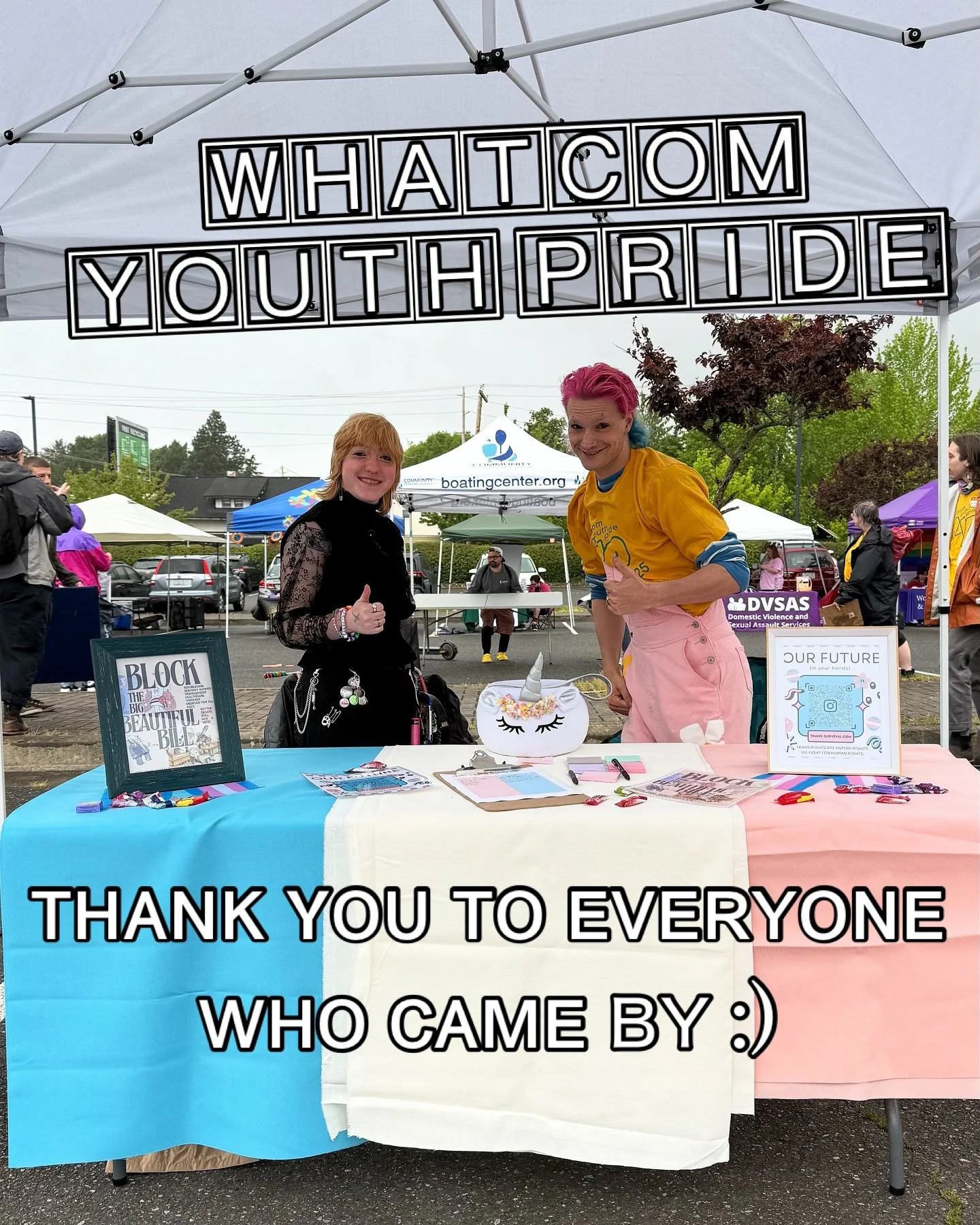 Thank you ✨Whatcom Youth Pride✨ for allowing us to table! The parade was powerful, the drag show was magical, and so many lovely people stopped to say hello 🤍 Special thank you to Devin, Kit, and Evan for volunteering today ☔️