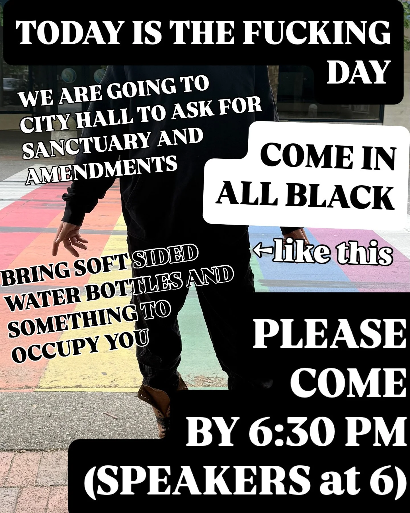 Please come show your support for trans sanctuary by arriving in all black to City Hall (210 Lottie St) no later than 6:30PM. 

If you are speaking please dm us so we can coordinate you into the speaking order.