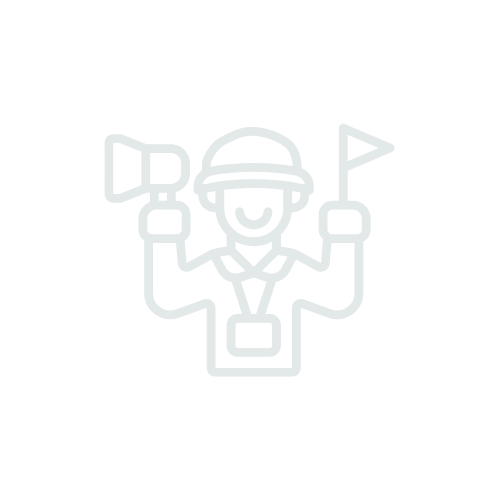 Line drawing of a tour guide holding a megaphone and a flag, wearing a hat and name tag.