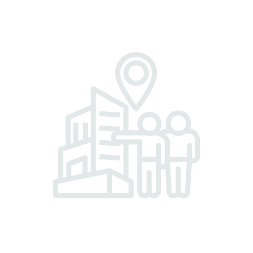 Icon of two people pointing at a building with a location pin above it.