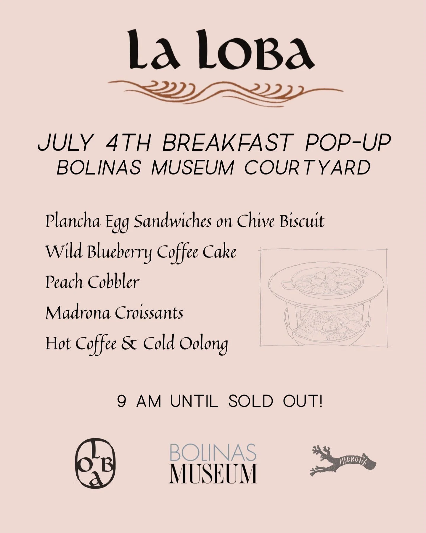 Popping up in front of the Bolinas Museum on July 4! Come become a member and support our amazing @bolinasmuseum . I'll be slinging plancha egg biscuit sandos, croissants from @madrona_bakery (they are the best y'all), plus coffee and cold oolong fro