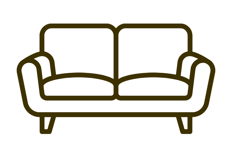 Outline drawing of a sofa with armrests, cushions, and four legs.