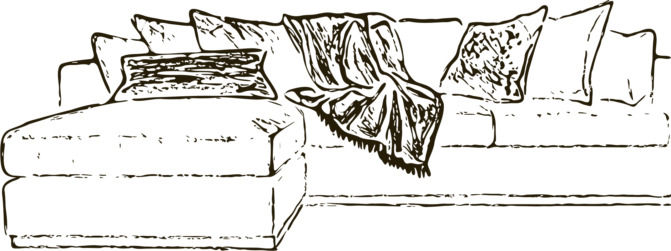 A line drawing of a sectional Made By Inch sofa with multiple throw pillows and a throw blanket.