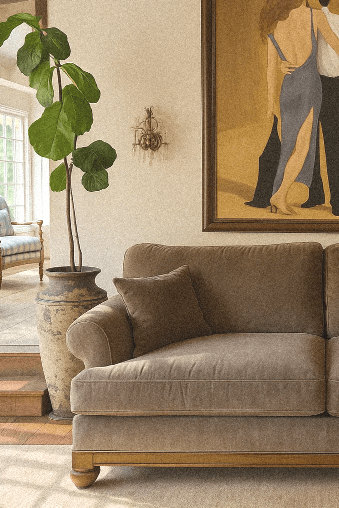 A living room scene with a beige custom Made By Inch custom sofa with brown pillows, a large potted plant, a painting of couples dancing.