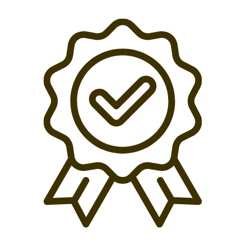 Icon of a badge with a check mark inside, representing certification or approval.