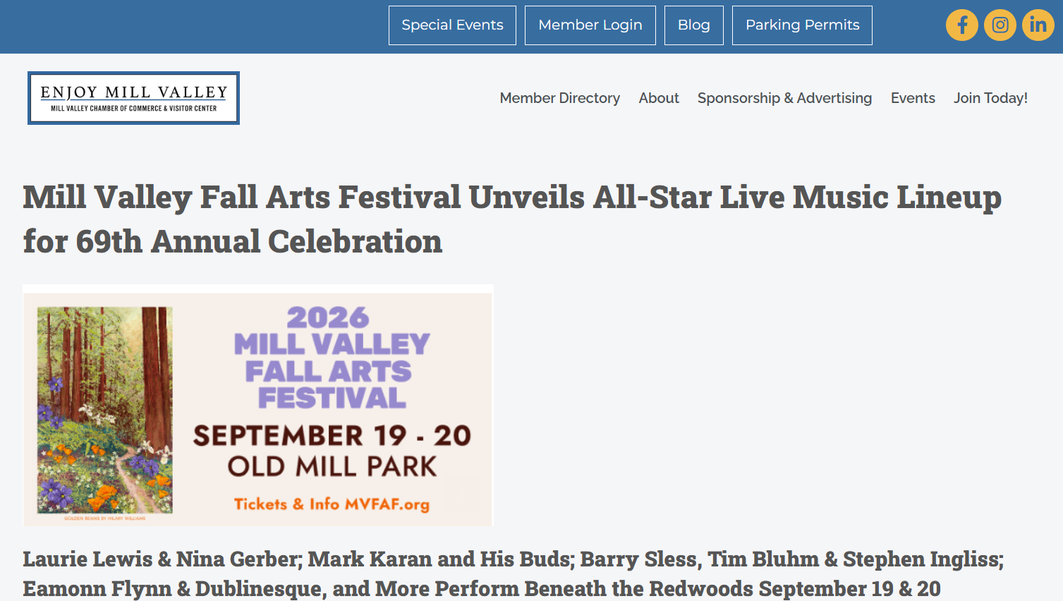 Mill Valley Fall Arts Festival Unveils All-Star Live Music Lineup for 69th Annual Celebration    - July 22, 2026