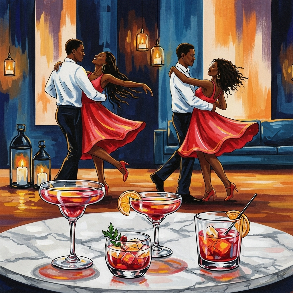 Two couples dancing closely in a dimly lit room with candles and modern hanging lights, with glasses of cocktails on a table in the foreground