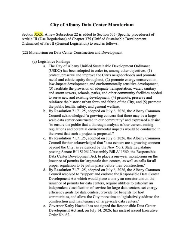 Proposed Data Center Moratorium Ordinance for the City of Albany