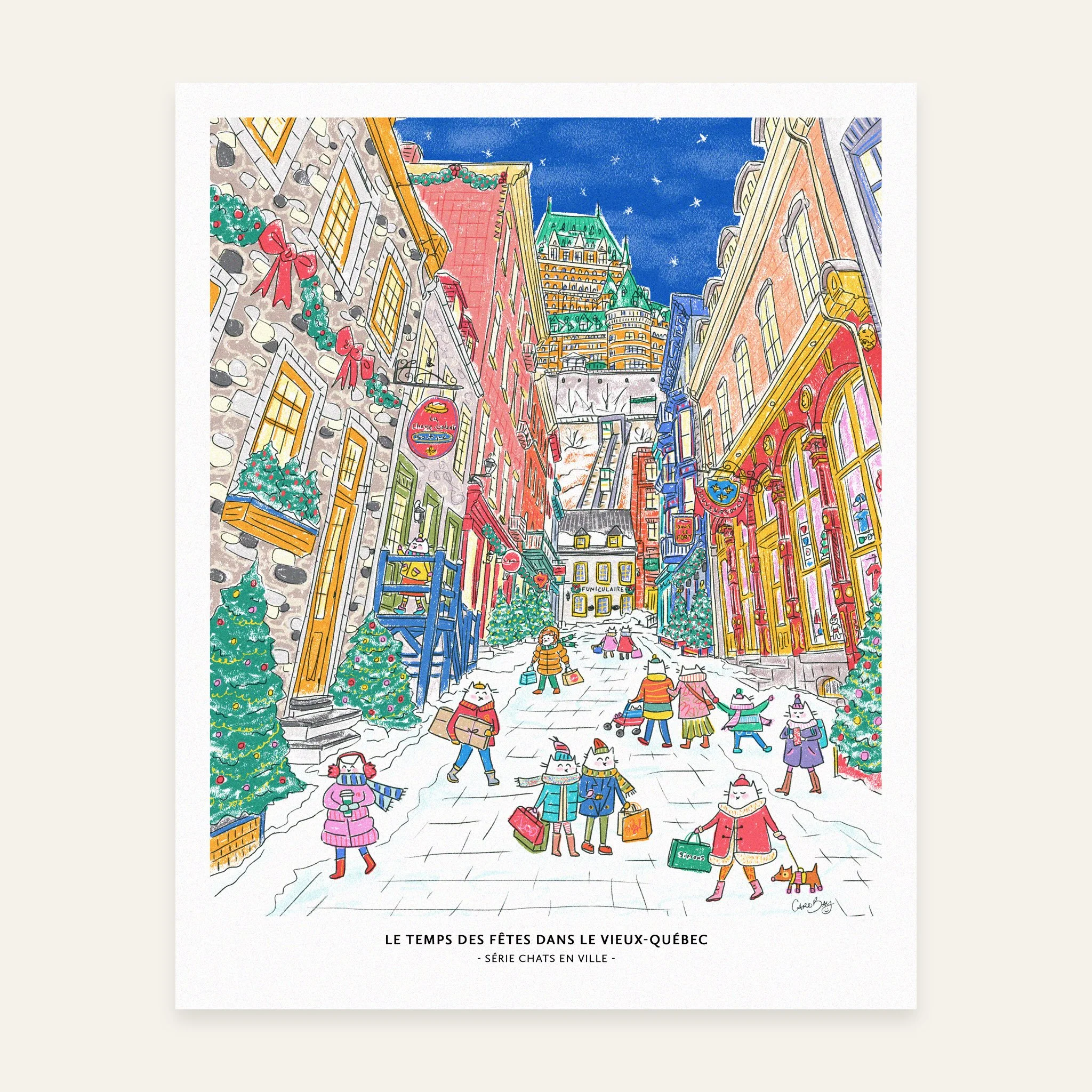 Chats-en-ville-Noel-Vieux-Quebec-8x10-Print-Affiche-Illustration-Caro-Bay-Art.jpg