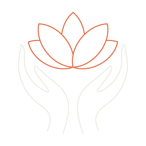 Line drawing of two hands holding a flower with multiple petals, with a black background.