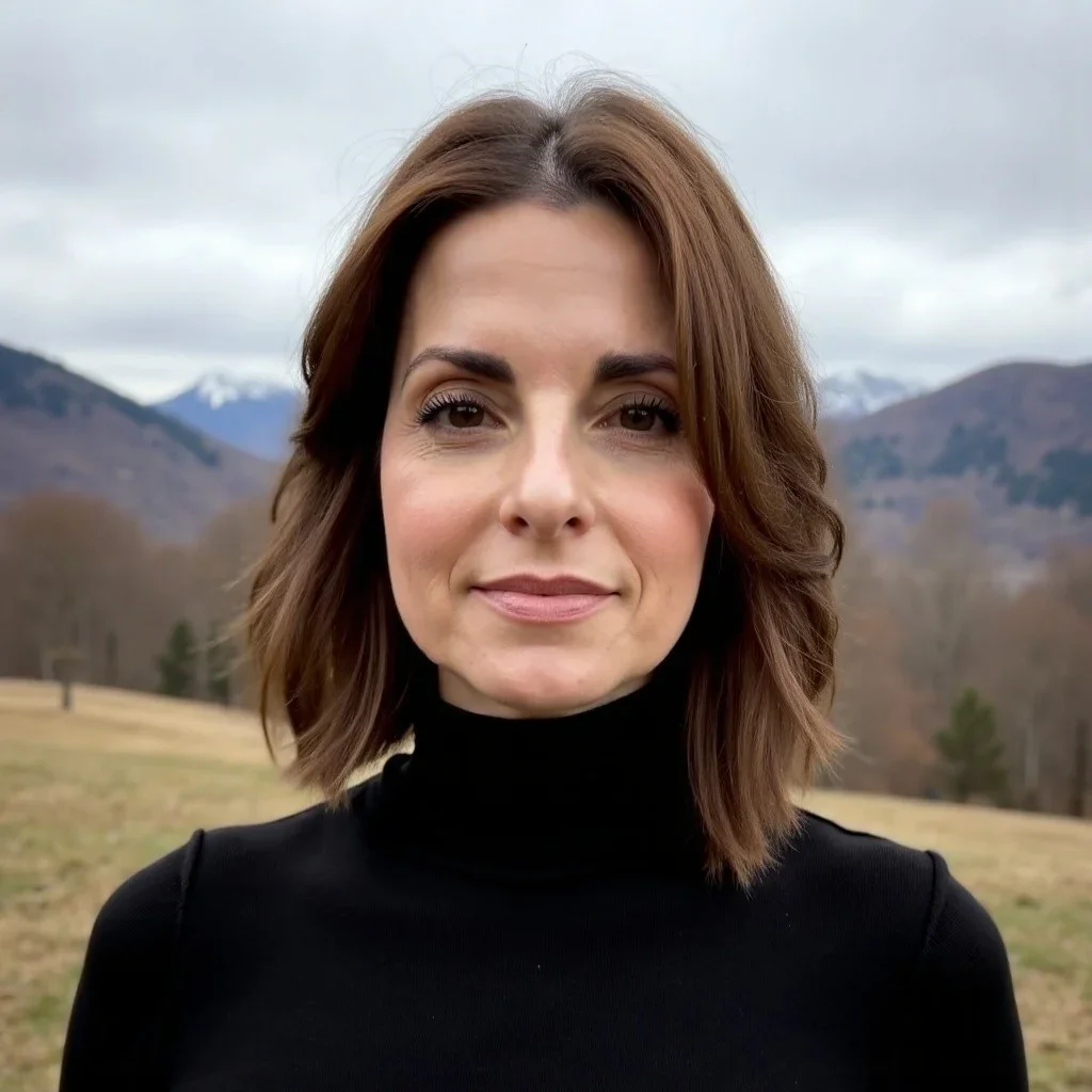 A woman with shoulder-length brown hair and a black turtleneck stands outdoors with mountains and a cloudy sky in the background.