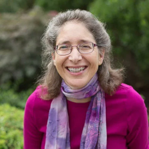 Woman with gray hair, glasses, wearing a purple top and colorful scarf, smiling outdoors with greenery in the background.