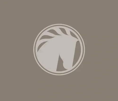 A circular logo featuring a stylized horse head with a flowing mane, set against a gray background.