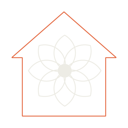 Outline of a house with a flower-like design inside, on a black background.