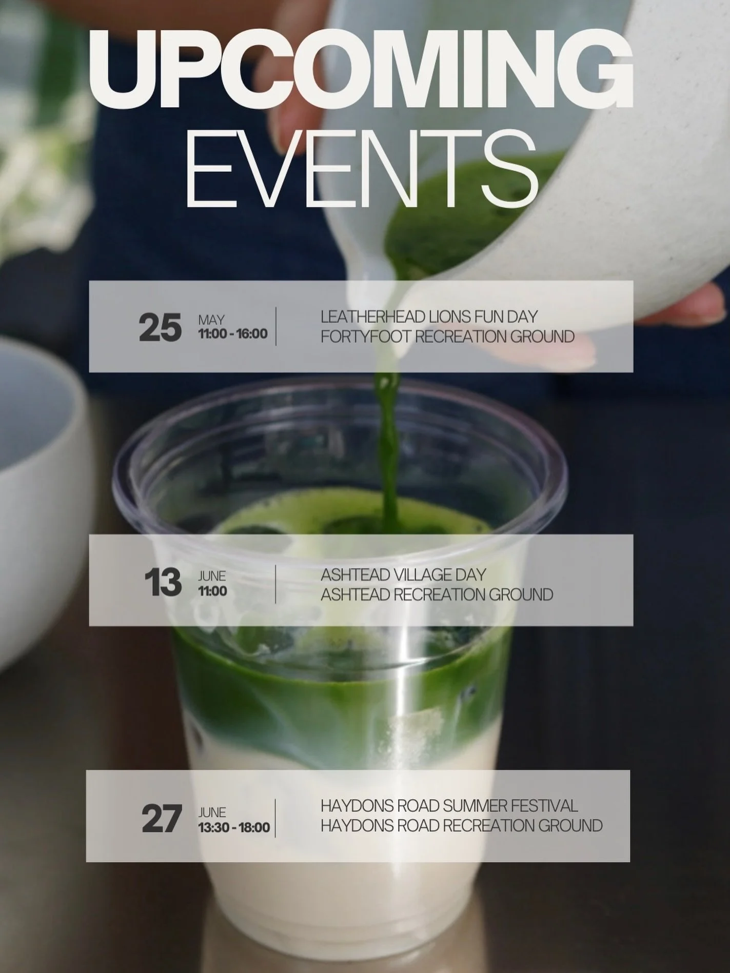 Save the date! The pod is coming to a recreation ground near you 😂 

Leatherhead Lions Fun Day Bank holiday Monday - 25th May 
Ashtead Village Day - Saturday 13th June 
Haydons Road Summer Festival- Saturday 27th June 

We hope to see you there 💚🍵