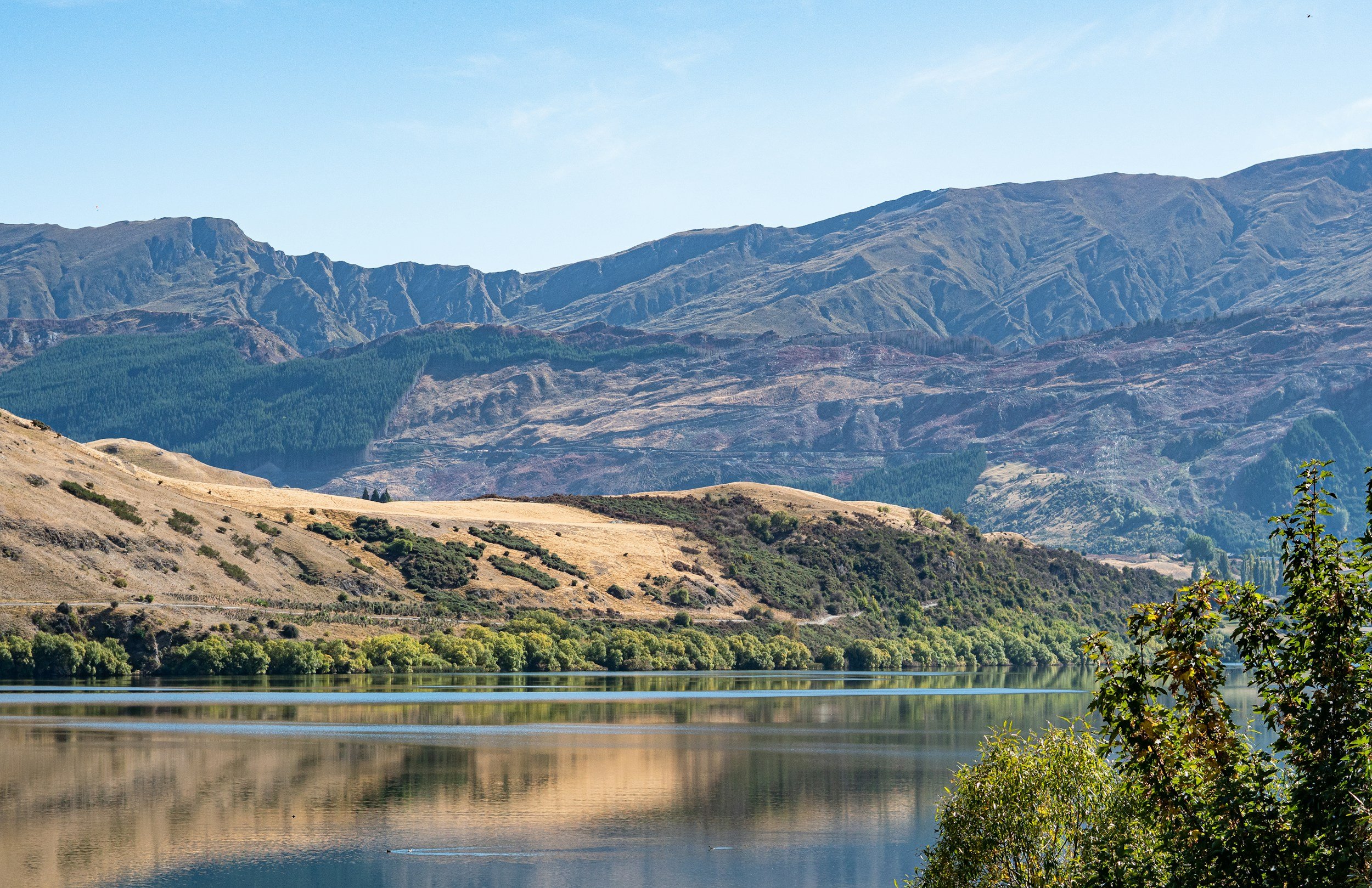 Scenic landscape with a reflective river in the foreground, rolling hills with patches of trees and grass, and mountains in the background under a clear blue sky.