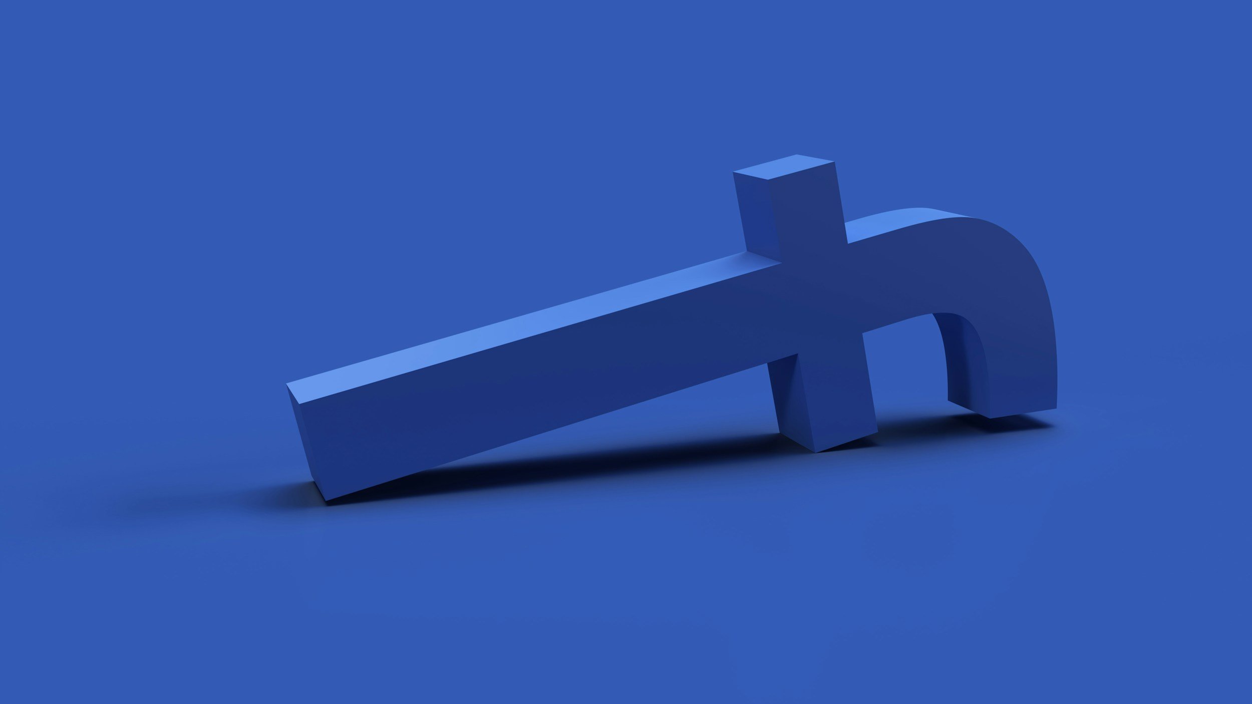 Blue 3D Facebook logo symbol on blue background.
